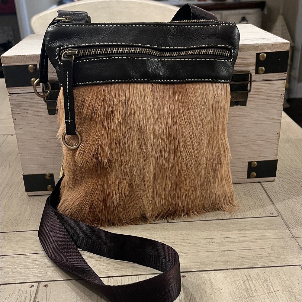 Women's Brown Haircalf Crossbody Bag with Black Leather Trim
